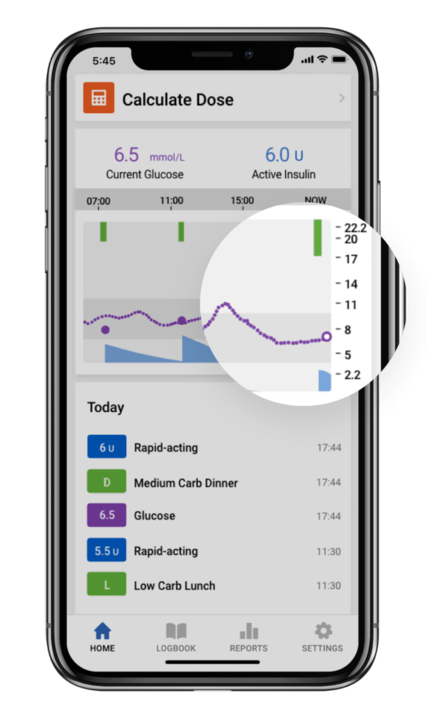 Shows Guardian™ 4 sensor glucose tracking real-time