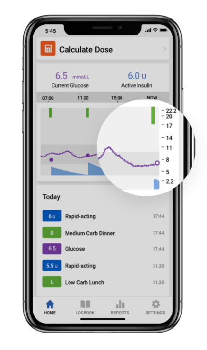 Shows Guardian™ 4 sensor glucose tracking real-time