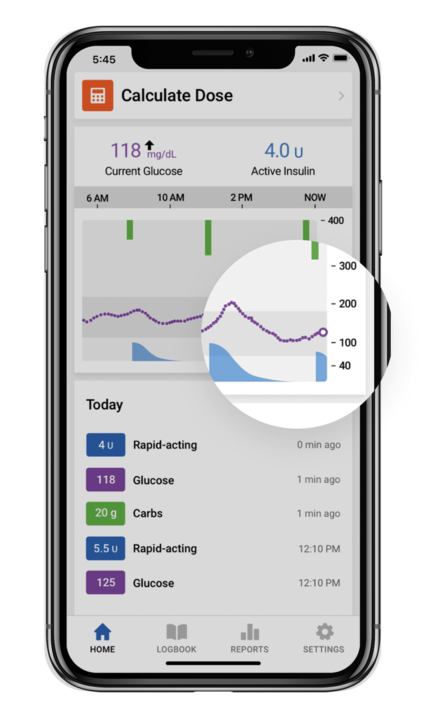Shows Guardian™ 4 sensor glucose tracking real-time